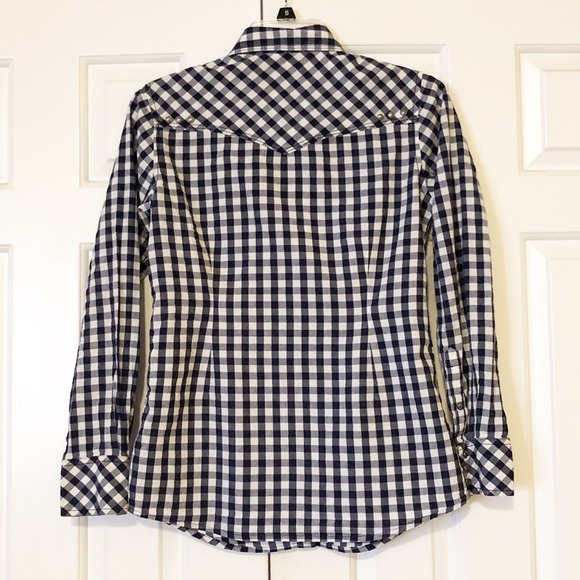 Ariat western style dark blue white checkered fitted long sleeve button fron top - Picture 5 of 16